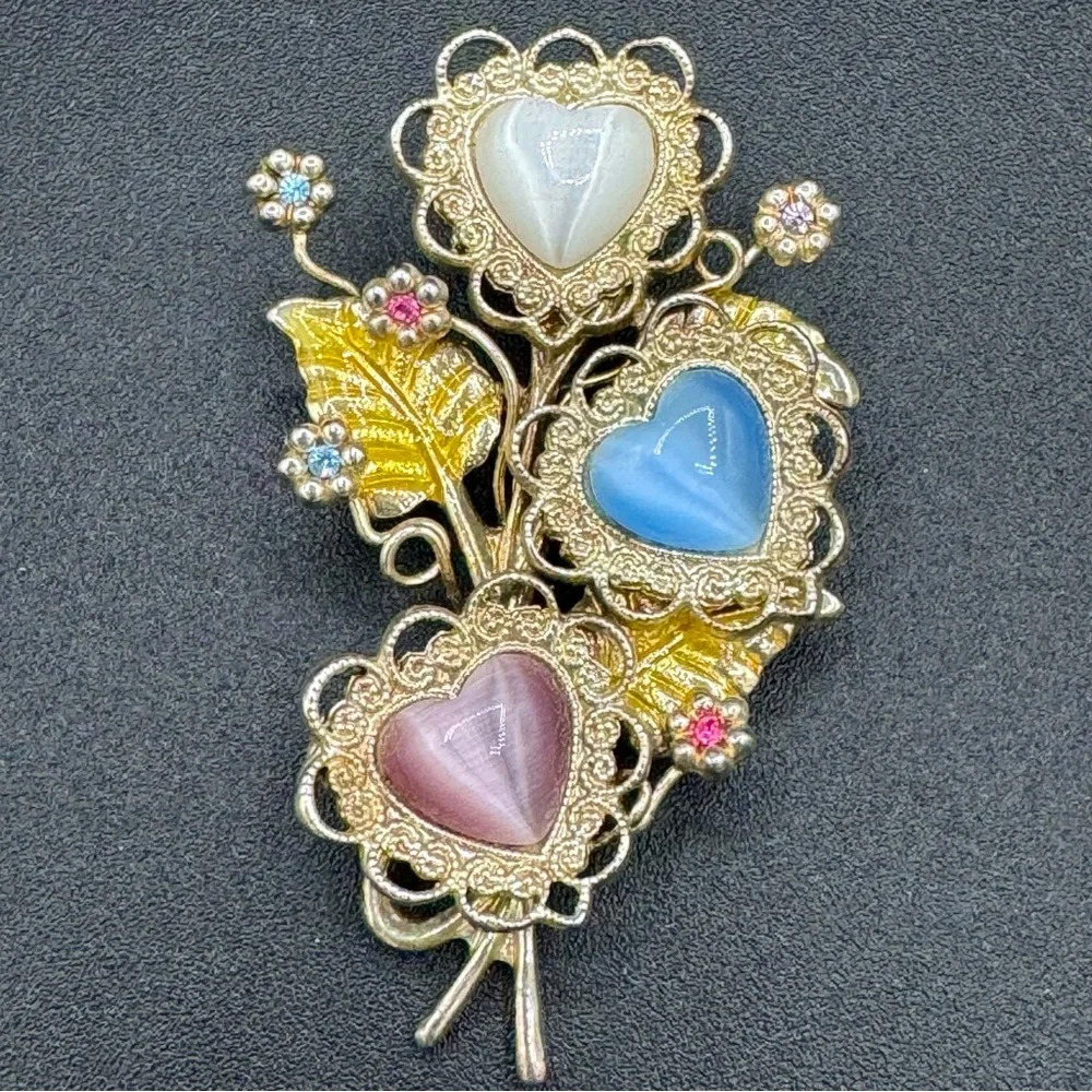 Vintage KC Kenneth Cole Signed Moonstone Heart Brooch in a Bouquet Shape